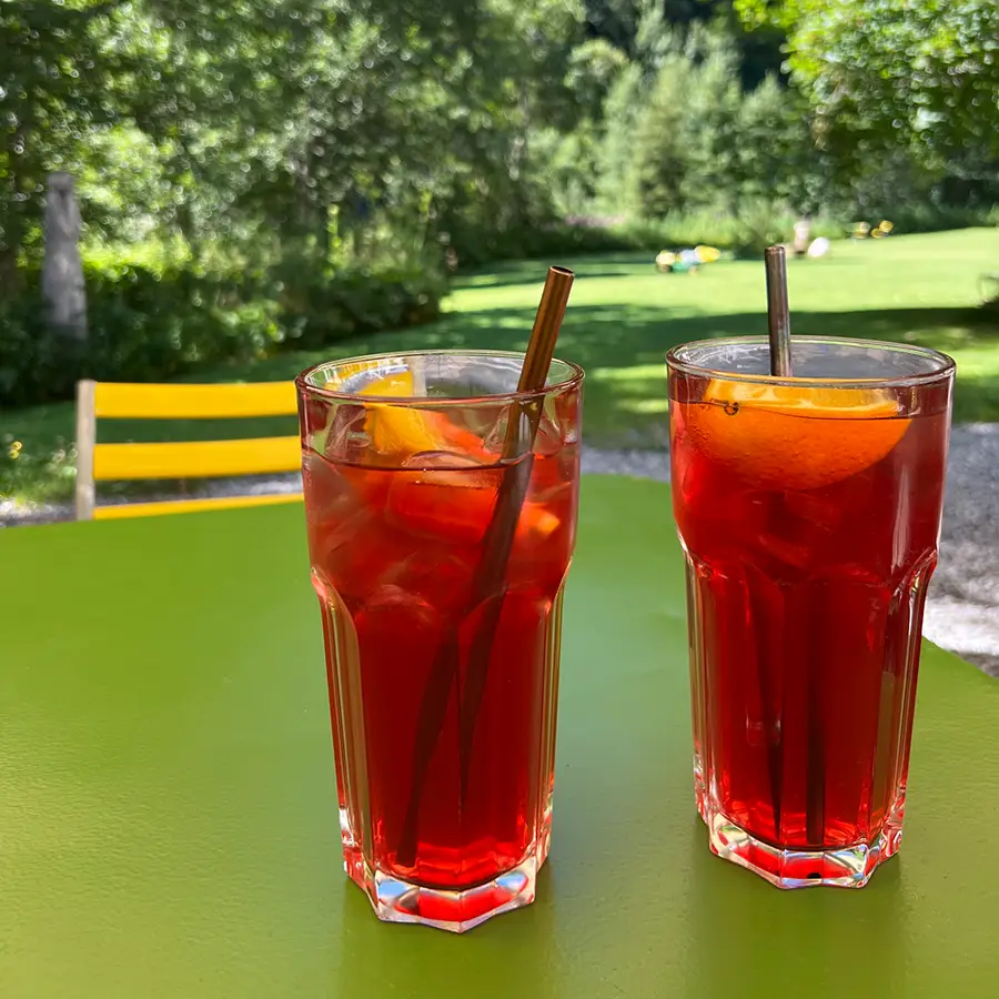 Pause während unserer Radtour. Anstossen mit Eistee.
